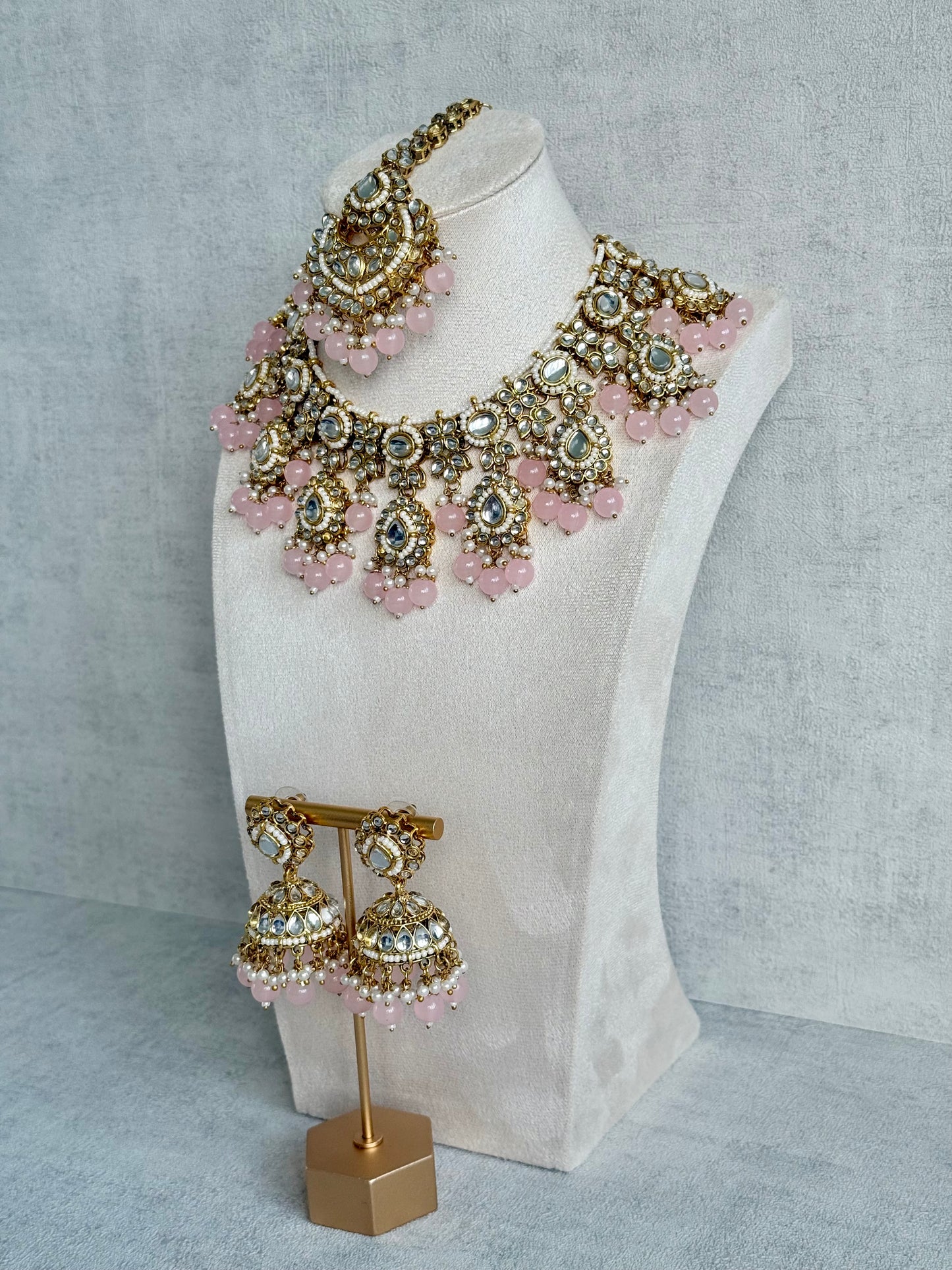 Ayura Designs Iyla Set with Necklace, Earrings & Tikka – Kundan Detailing, Ivory Pearl Drops & Blush Pink Beads