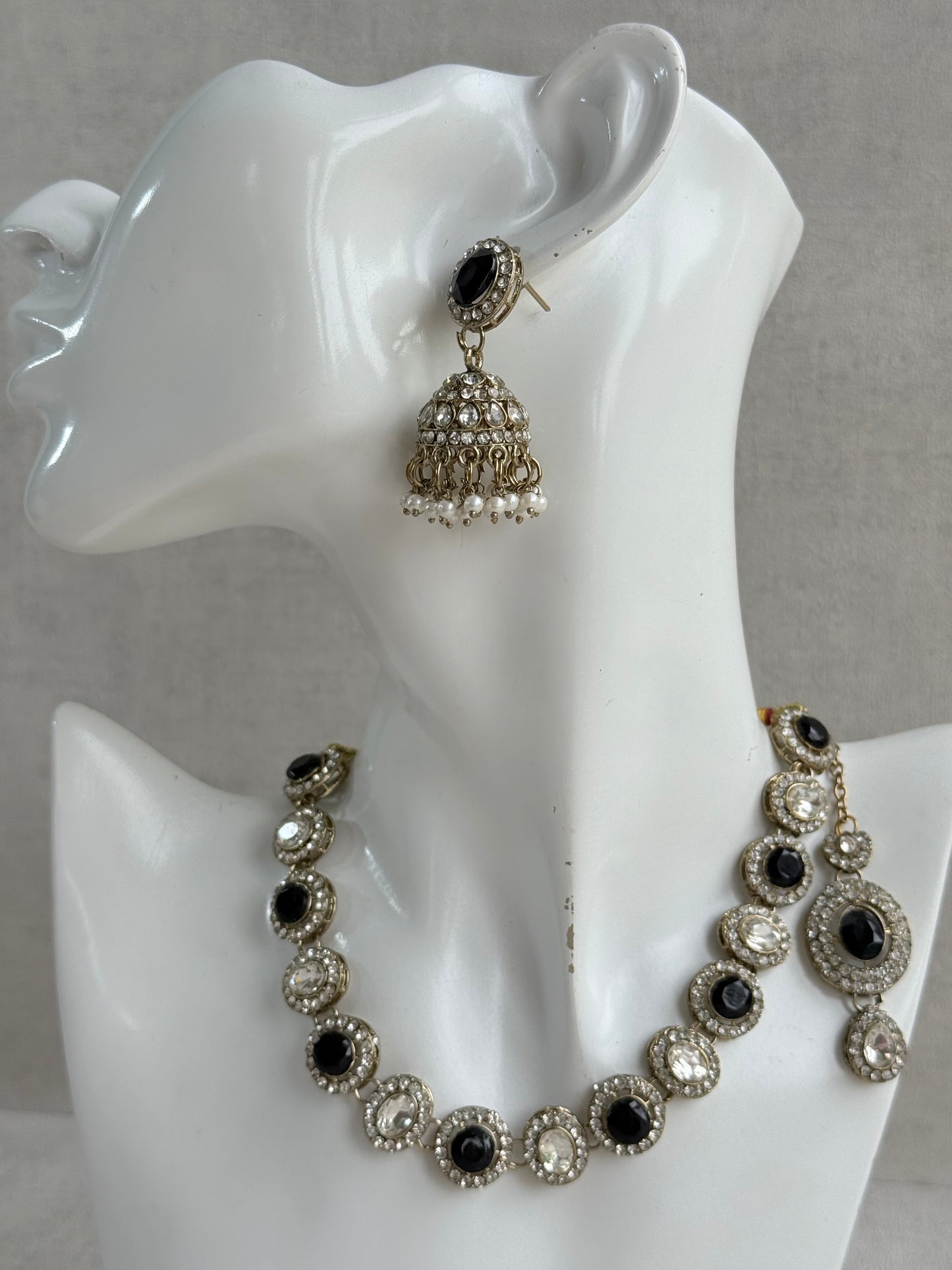 Ayura Designs Eira Necklace Set with Earrings & Tikka – Black & Crystal Stones with Antique Gold Finish