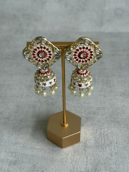 Ayura Designs Rangoli Jhumkis – Ivory & Ruby Red Meenakari with Pearl Drops in Antique Gold Finish