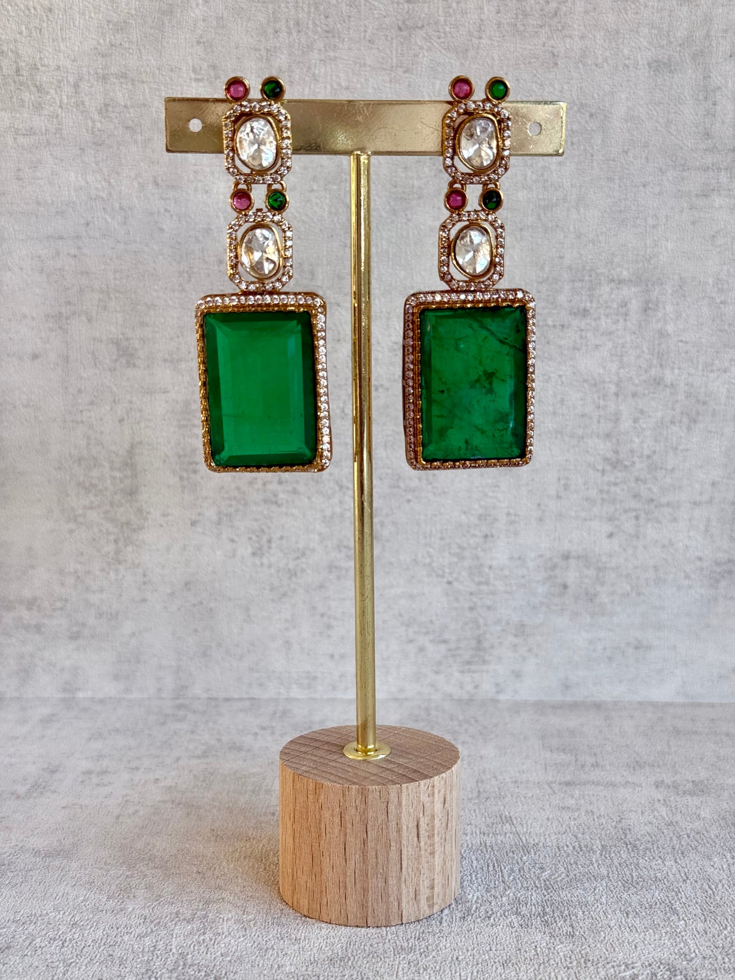 Ayura Designs Clara Set with Earrings & Tikka Emerald Green Moissanite Stones and Antique Gold Finish