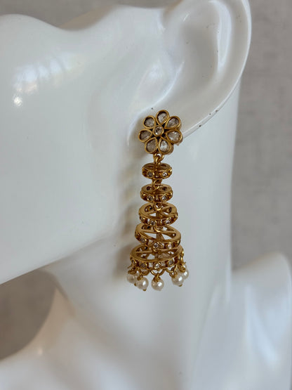 Ayura Designs Adira Jhumkis – Gold Floral Jhumkis with Layered Crystal Rings & Pearl Drops