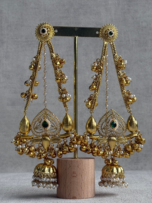 Ayura Designs Teja Earrings – Antique Gold Jhumkis with Emerald Stone & Pearl Detailing