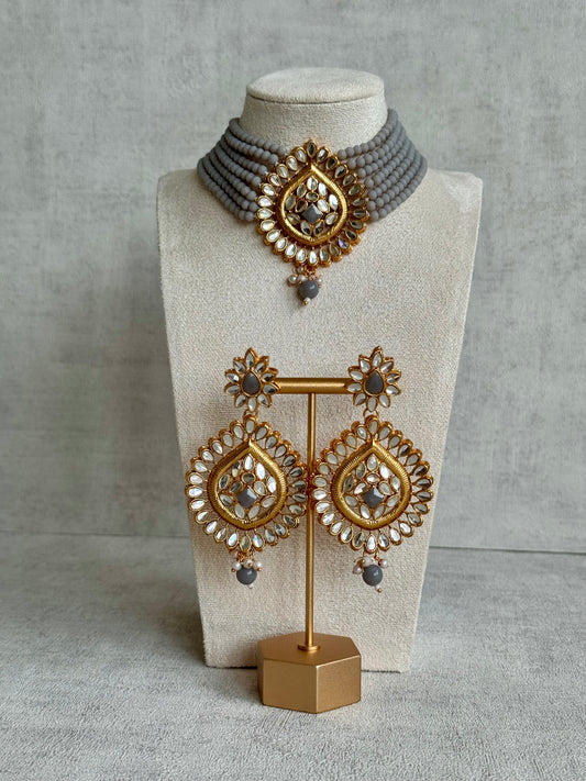 Ayura Designs Baani Kundan Choker with Earrings – Slate Grey Stones & Pearl Detailing