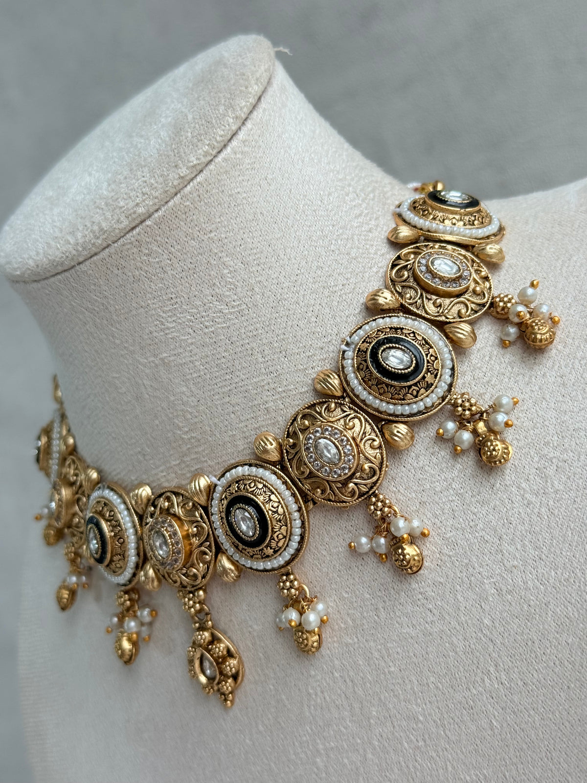 Ayura Designs Livia Necklace Set with Earrings – Green Enamel, Kundan & Pearl Detailing in Antique Gold Finish
