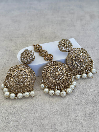 Ayura Designs Eraya Tikka Set – Antique Gold Earrings & Tikka with Pearl Accents