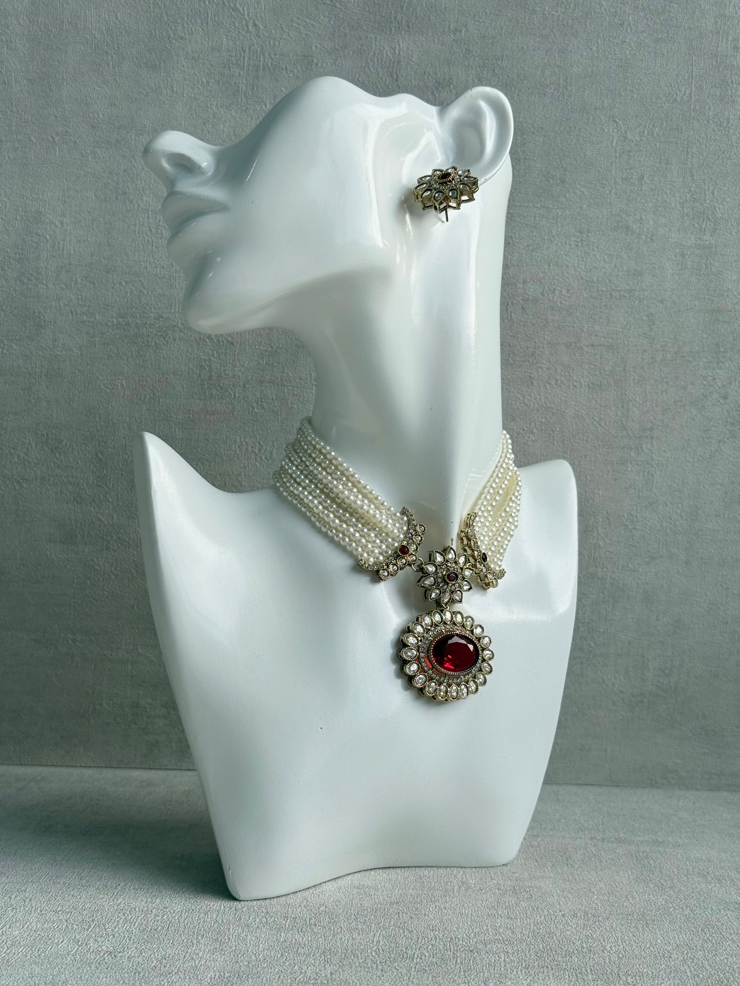 Ayura Designs Amaya Necklace Set with Studs – Antique Finish in Ruby Red Stones with Pearl Strands