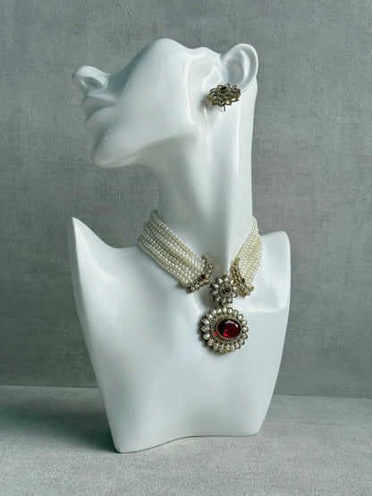 Ayura Designs Amaya Necklace Set with Studs – Antique Finish in Ruby Red Stones with Pearl Strands