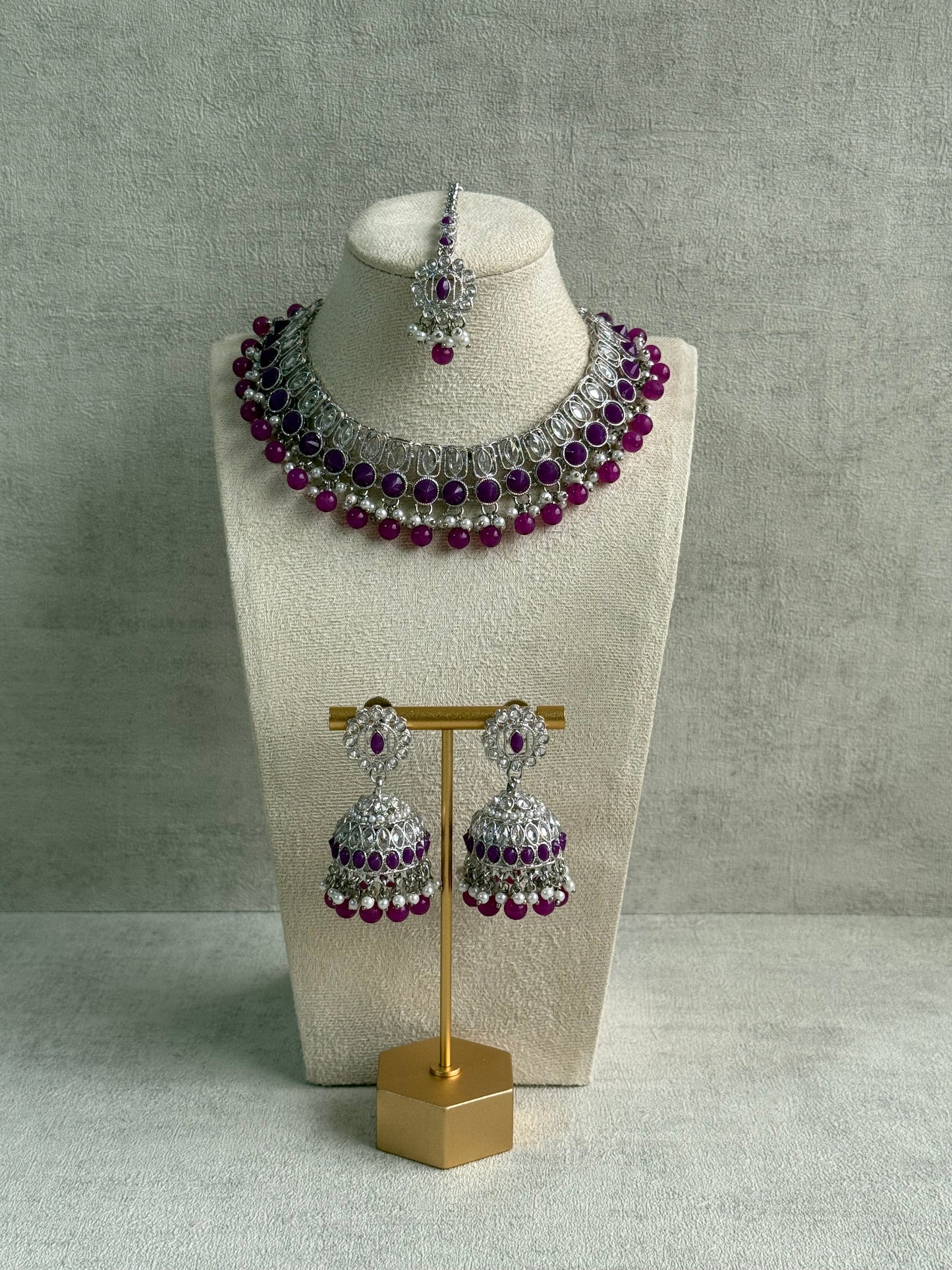 Ayura Designs Rayal Set – Silver Necklace, Jhumkis & Tikka with Amethyst Purple Stones & Pearl Detailing