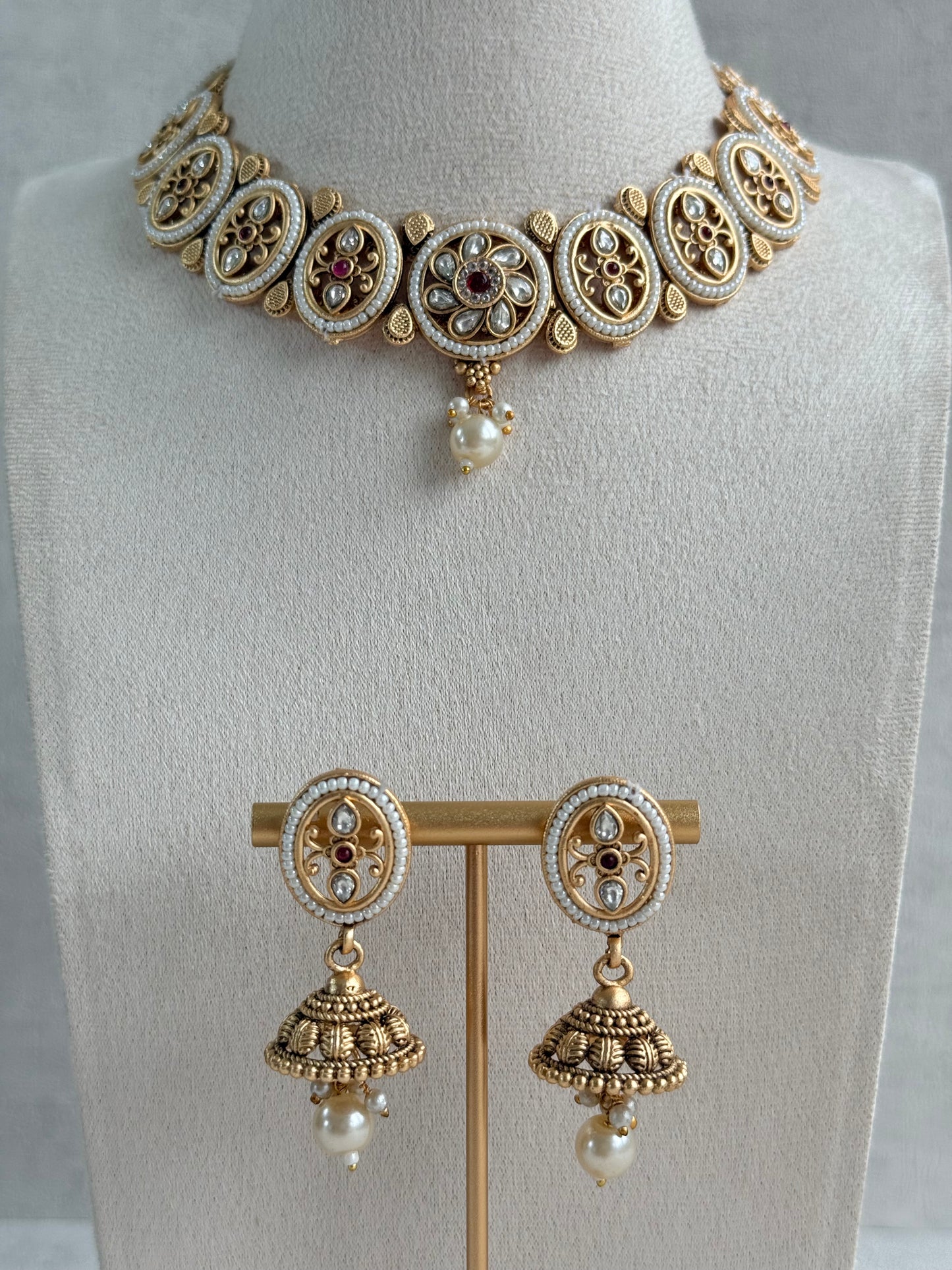 Ayura Designs Laina Necklace Set with Jhumkis – Kundan & Rani Pink Stones, Pearls & Antique Gold Finish