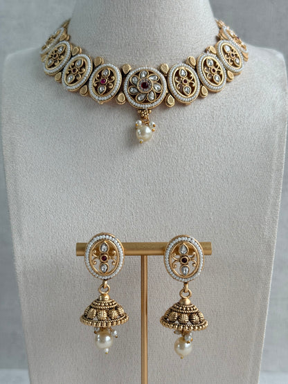 Ayura Designs Laina Necklace Set with Jhumkis – Kundan & Rani Pink Stones, Pearls & Antique Gold Finish
