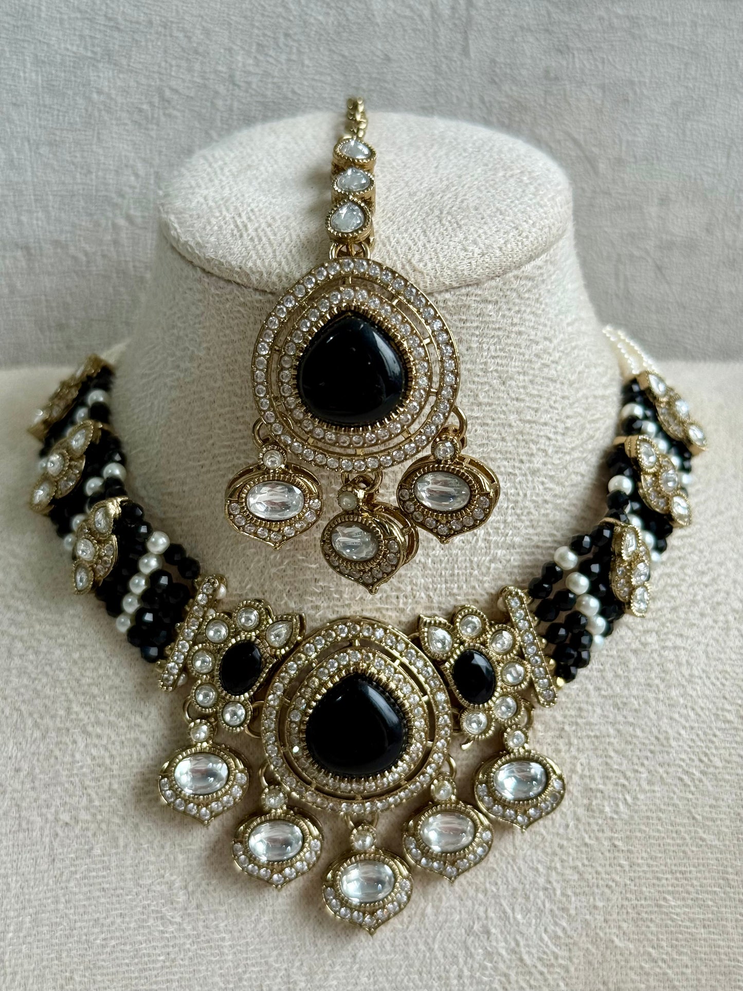 Ayura Designs Rahi Necklace Set with Earrings & Tikka – Black Stones with Mirror-Cut Detailing & Pearl Strands