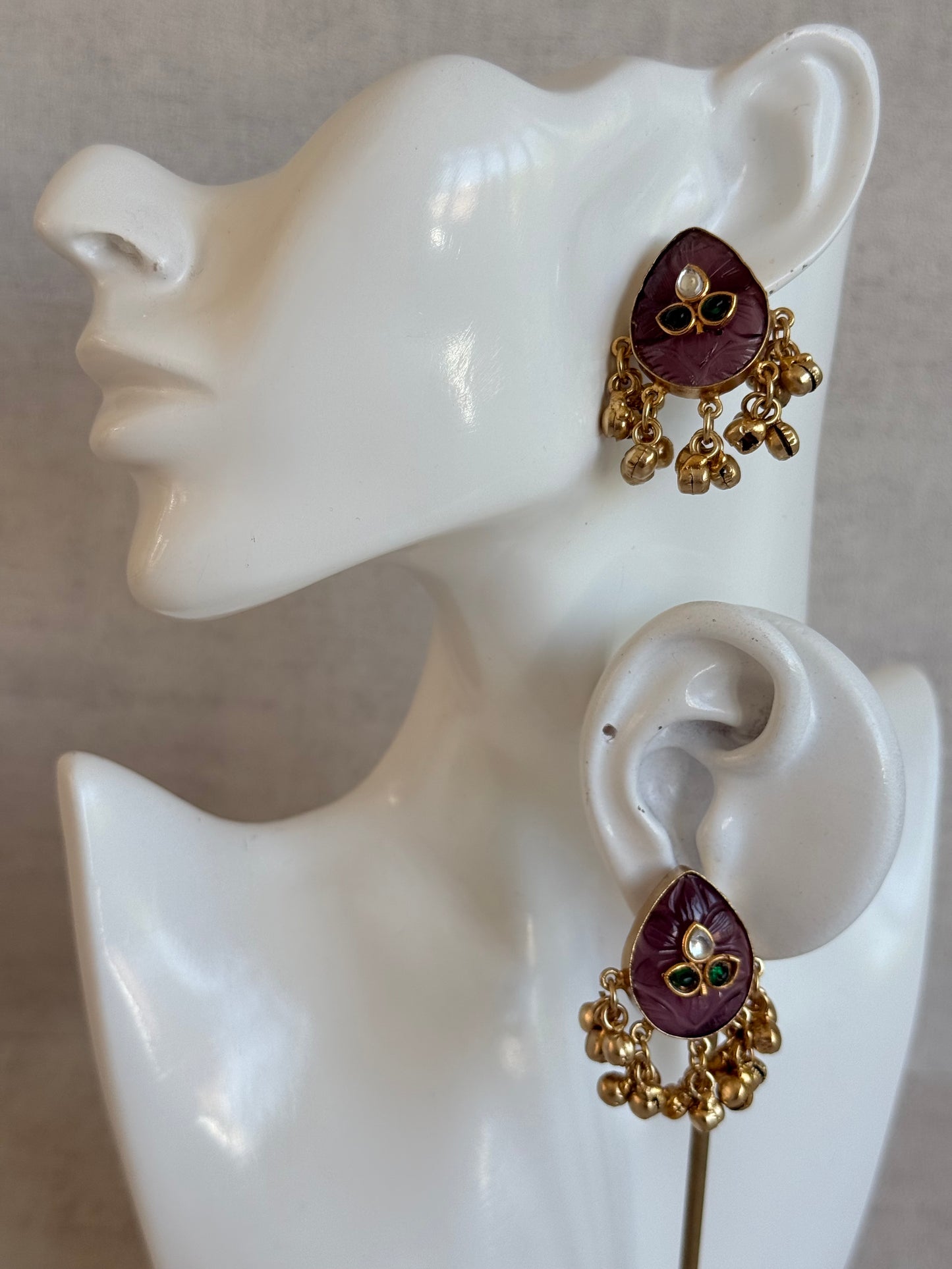 Ayura Designs Aykai Earrings – Plum Carved Teardrop Stud Earrings with Clear Kundan Stones and Gold Ghungroo Drops