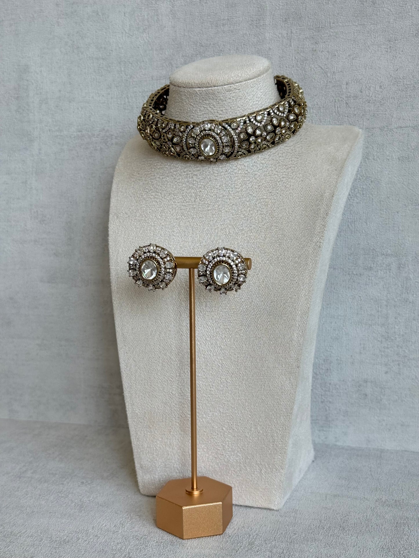 Ayura Designs Genevieve Choker Set with Studs – Crystal Kundan in Antique Gold