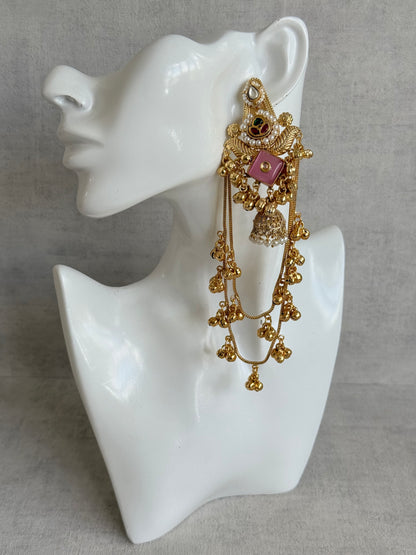 Ayura Designs Simal Earrings – Kashmiri Earrings with Pink Stone, Multicoloured Detailing, Layered Ghungroo Chains & Jhumkis