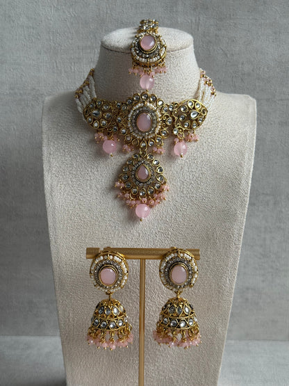 Ayura Designs Muskaan Set – Choker, Jhumkis & Tikka with Blush Pink Beads, Kundan Stones & Antique Gold Finish