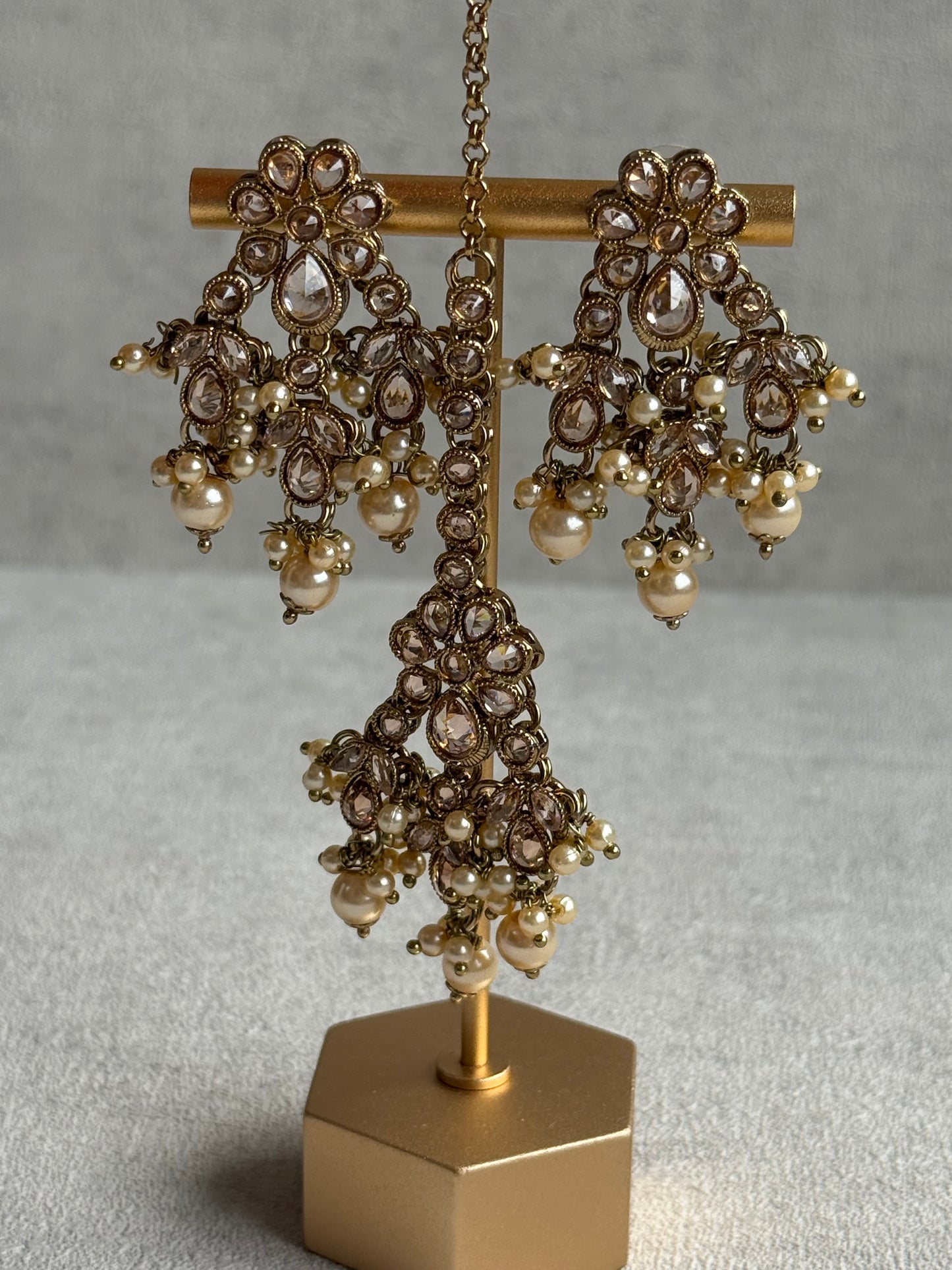 Ayura Designs Rameen Set – Necklace, Earrings & Tikka with Champagne Stones, Ivory Pearls & Antique Gold Finish