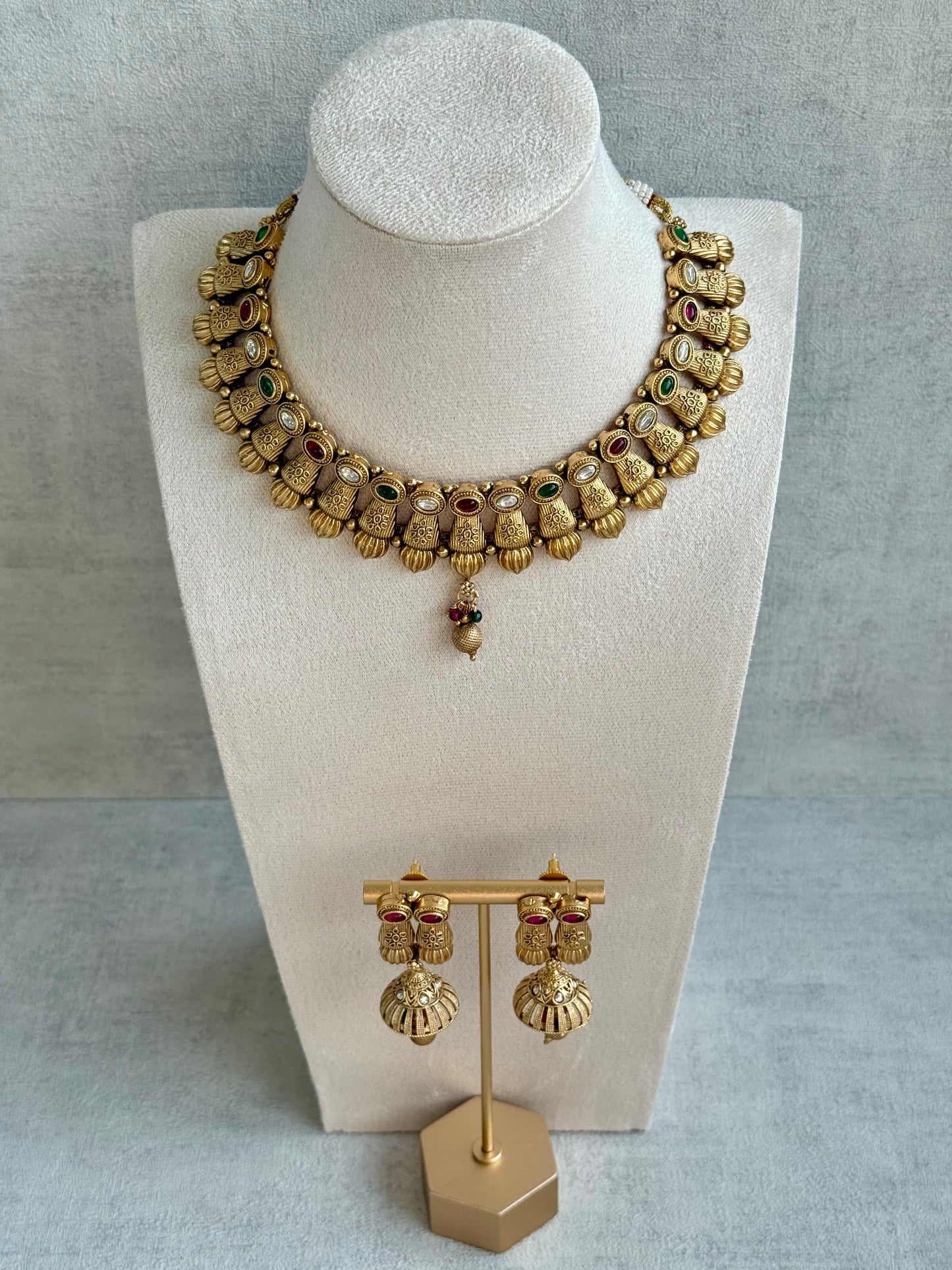 Ayura Designs Aima Necklace Set with Earrings – Antique Gold with Rani Pink & Emerald Green Stones