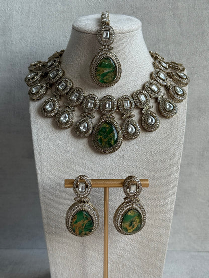 Ayura Designs Aurora Set with Earrings & Tikka – Peach & Ivory Stone with Mirror-Cut Accents in Antique Gold Finish