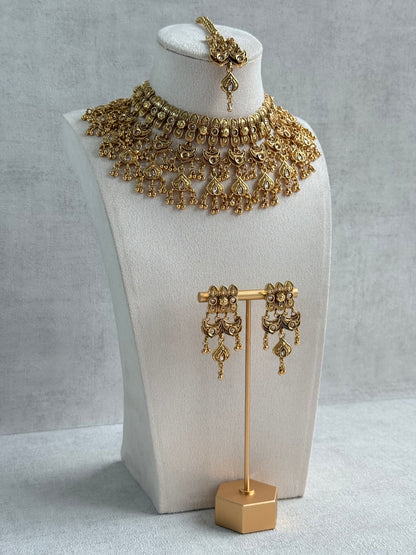 Ayura Designs Sifat Bridal Set with Earrings & Tikka – Antique Gold Kundan Waterfall Design with Paisley & Ghungroo Drops