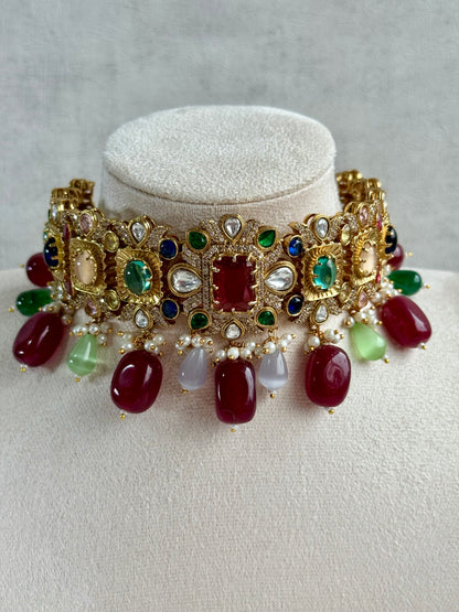 Ayura Designs Hazel Choker Set with Earrings – Multicolour Crystals & Ruby Drop Beads