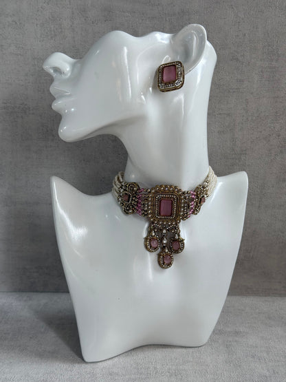Ayura Designs Nabiha Choker Set with Studs – Blush Pink Stones, Pearl Detailing & Antique Gold Finish