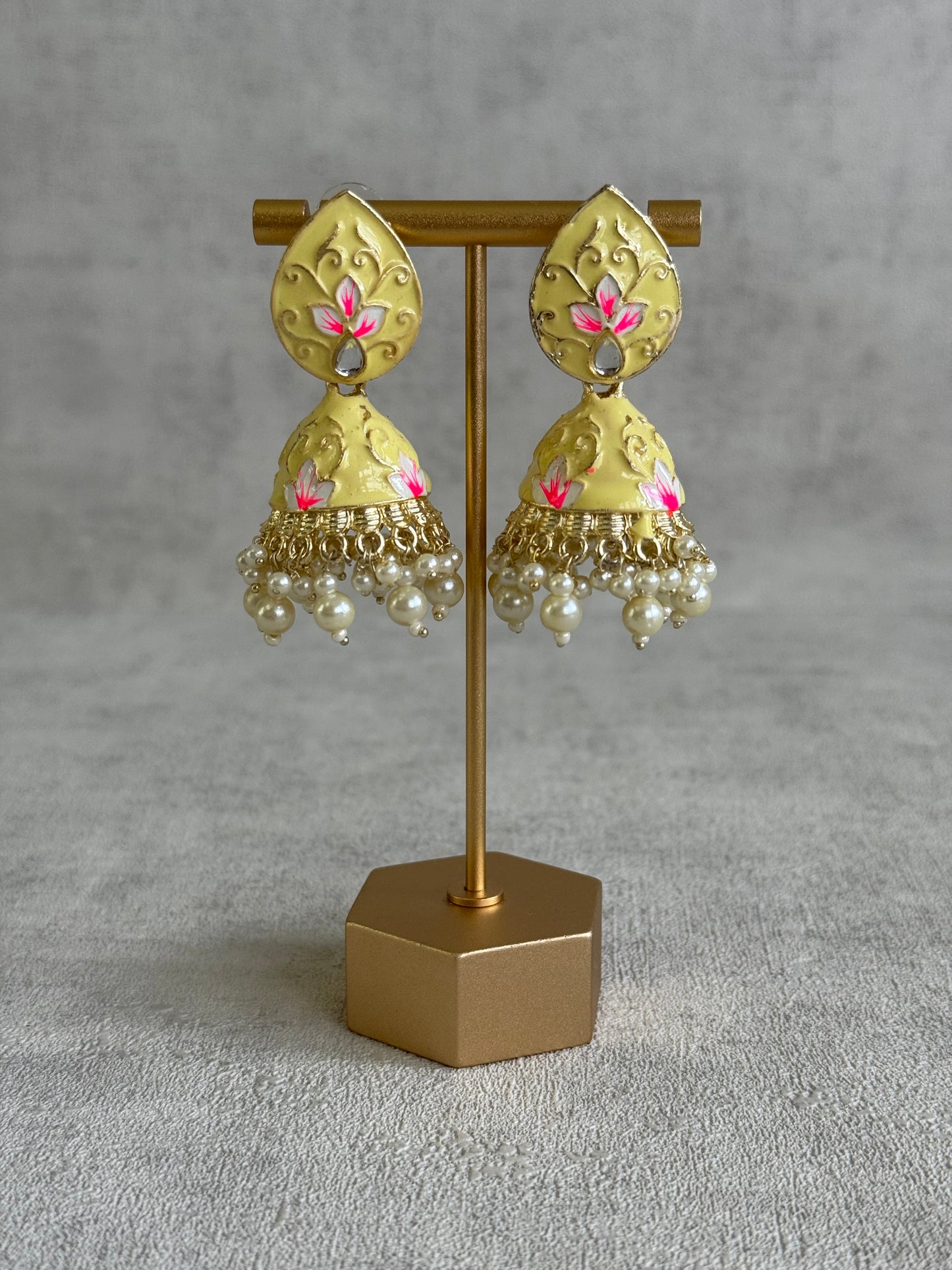 Ayura Designs Gia Jhumkis – Butter Yellow Meenakari with Pink Lotus Motifs & Ivory Pearl Drops