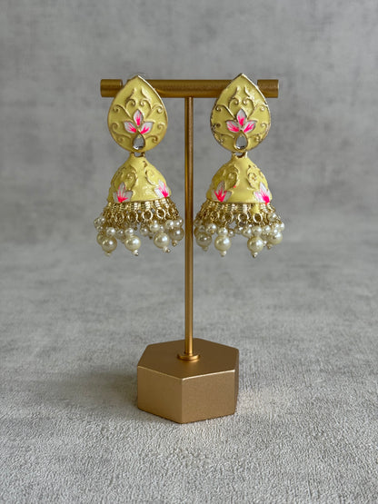 Ayura Designs Gia Jhumkis – Butter Yellow Meenakari with Pink Lotus Motifs & Ivory Pearl Drops