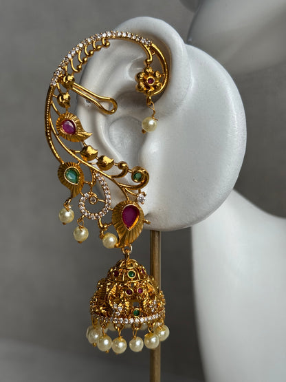 Ayura Designs Nalini Jhumkis – Gold Half Ear Cuffs with Multicolour Stone Accents, Crystal Detailing & Pearl Jhumka Drops