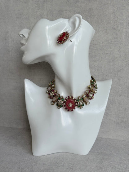 Ayura Designs Nova Necklace Set with Stud Earrings – Rose Pink Centre Stone, Kundan Detailing & Multicolour Gemstone Accents
