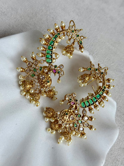 Ayura Designs Megha Half Ear Cuffs – Gold Peacock Motif with Crystal Stones, Emerald & Pink Accents and Pearl Jhumka Drops