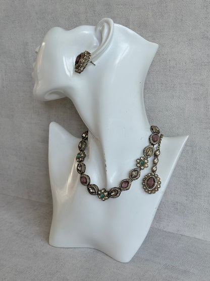 Ayura Designs Ivy Necklace Set with Studs & Tikka – Blush Pink & Mint Green Kundan Detailing