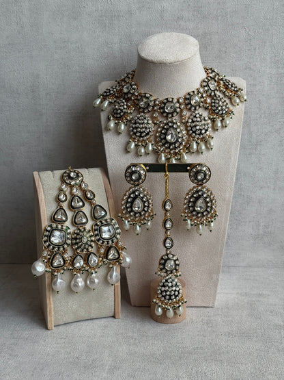 Ayura Designs Ayesha Bridal Set with Necklace, Earrings, Tikka & Passa – Emerald Green Enamel, Mirror-Cut Stones, Pearls & Antique Gold Kundan Detailing