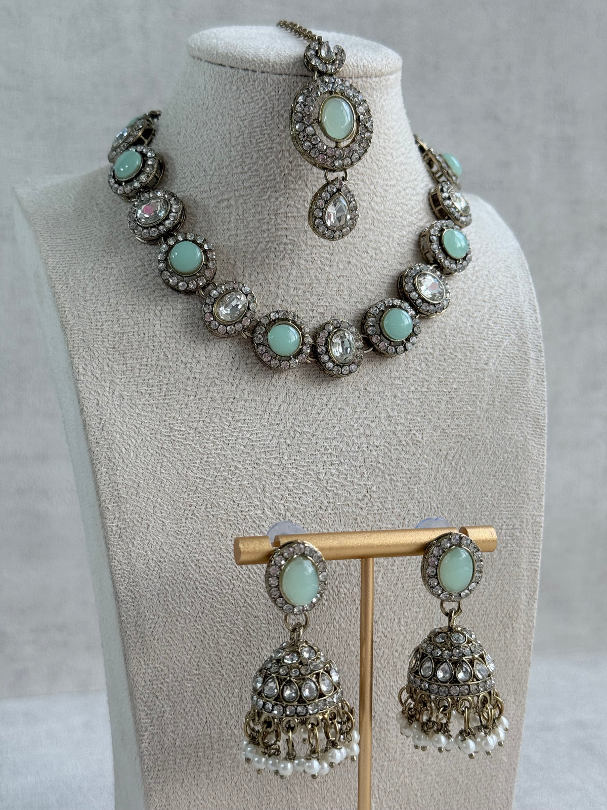 Ayura Designs Eira Necklace Set with Earrings & Tikka – Mint Green & Crystal Stones with Antique Gold Finish