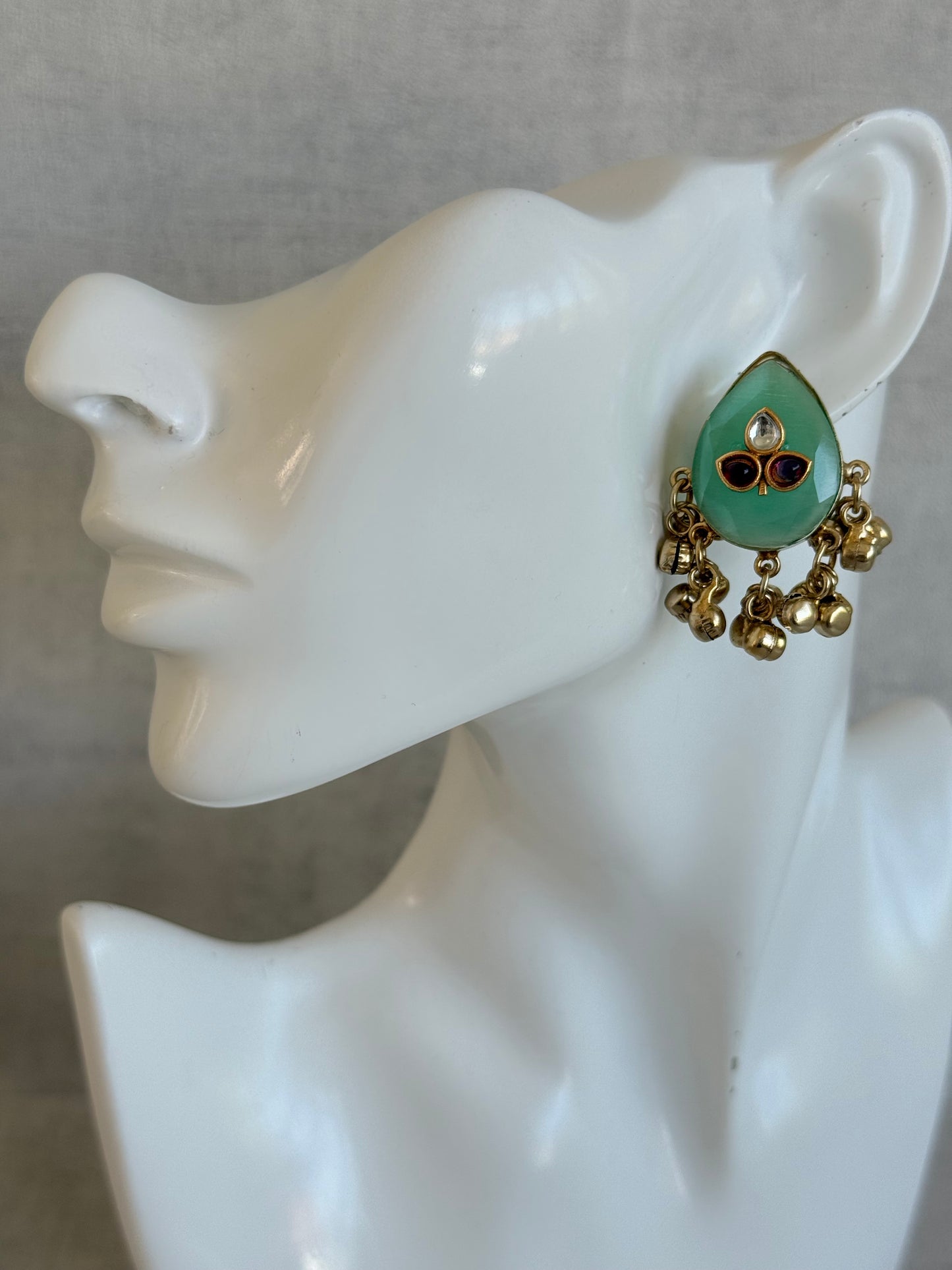Ayura Designs Aykai Earrings – Mint Green Teardrop Stud Earrings with Clear & Pink Kundan Stones and Gold Ghungroo Drops
