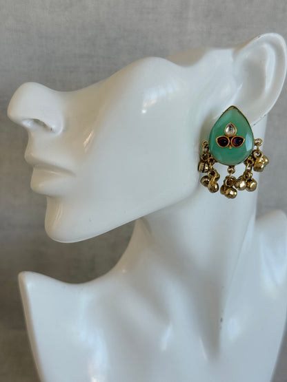 Ayura Designs Aykai Earrings – Mint Green Teardrop Stud Earrings with Clear & Pink Kundan Stones and Gold Ghungroo Drops