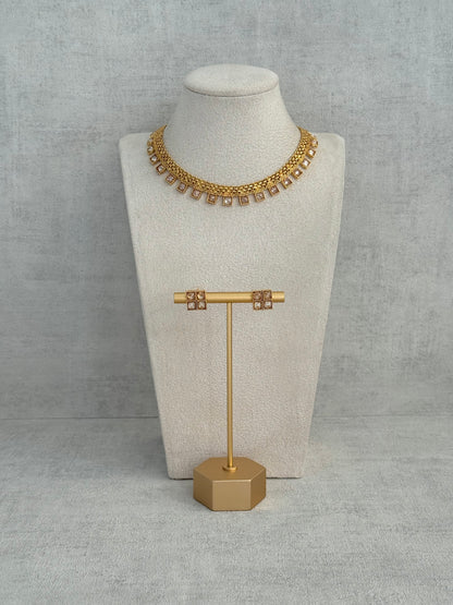 Ayura Designs Bhawani Set with Necklace & Stud Earrings – Square-Cut Kundan Stones in Antique Gold Finish