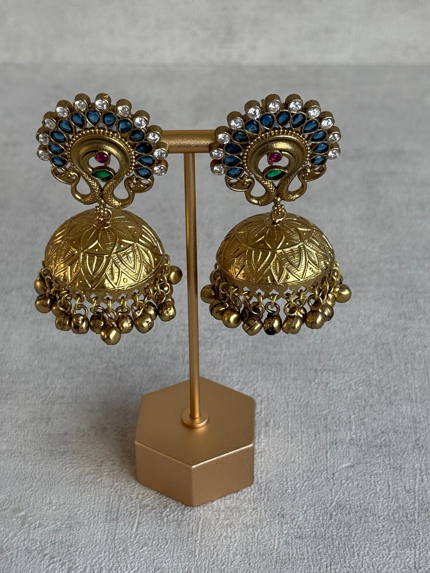Ayura Designs Moraya Jhumkis – Ink Blue Peacock Motif with Antique Gold Detailing
