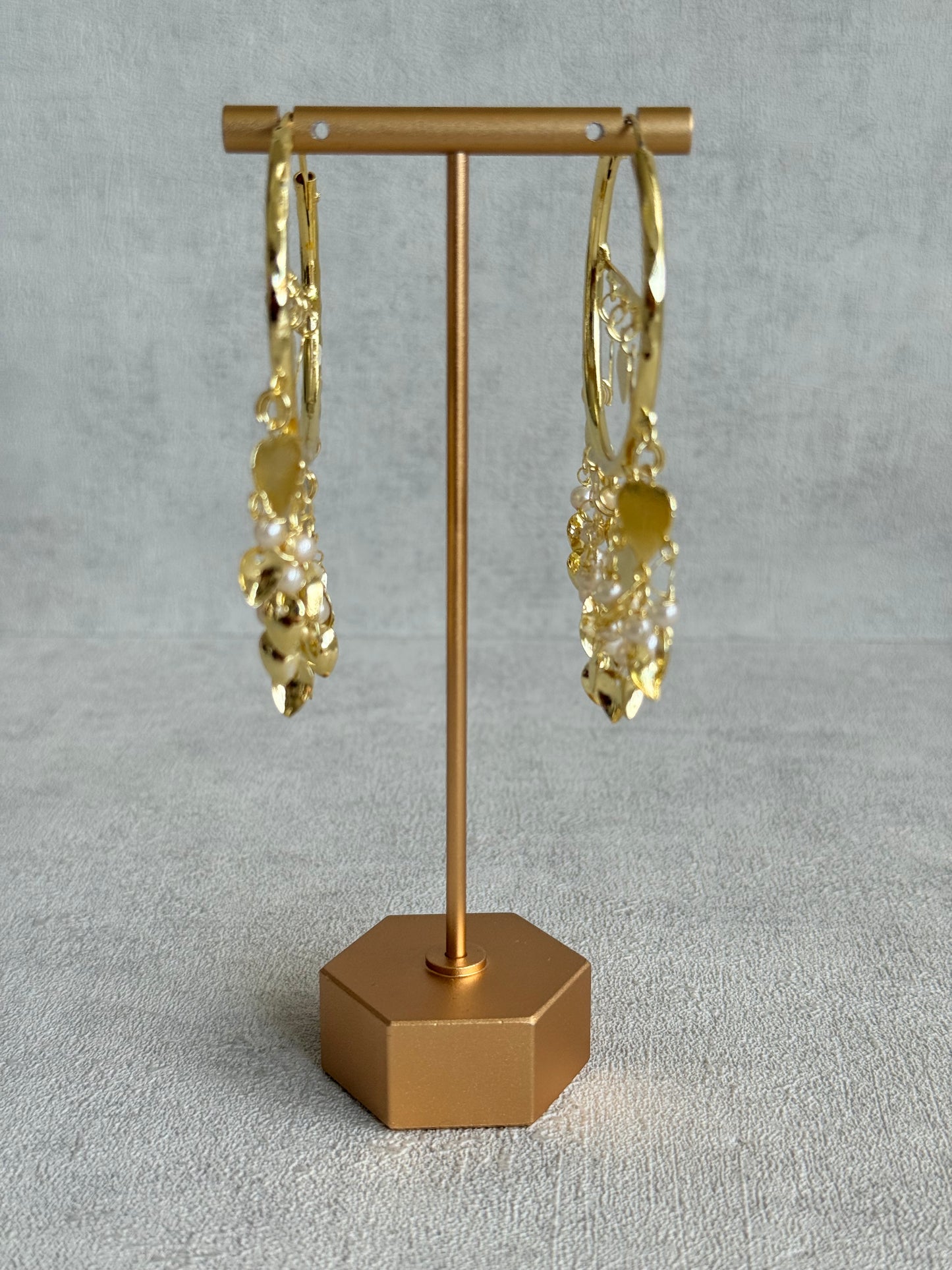 Ayura Designs Dilkash Balis – Gold Pipal Patti Heart Charm Hoop Earrings