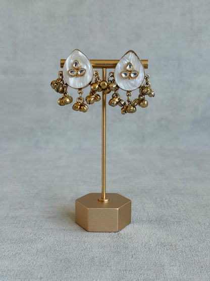 Ayura Designs Aykai Earrings – White Carved Teardrop Stud Earrings with Clear Kundan Stones and Gold Ghungroo Drops