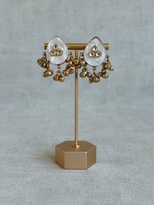 Ayura Designs Aykai Earrings – White Carved Teardrop Stud Earrings with Clear Kundan Stones and Gold Ghungroo Drops