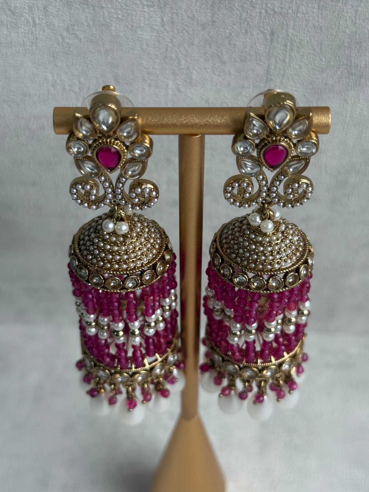 Ayura Designs Sage Earrings – Statement Jhumkis with Mirror-Cut Stones, Pearl Drops & Fuchsia Beads