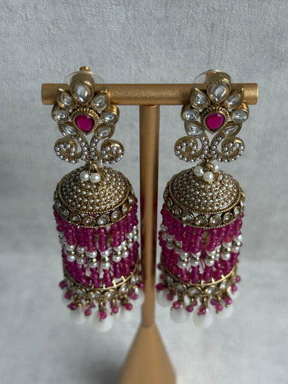 Ayura Designs Sage Earrings – Statement Jhumkis with Mirror-Cut Stones, Pearl Drops & Fuchsia Beads