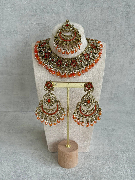 Ayura Designs Jazba Set with Necklace, Jhumkis & Tikka – Antique Gold, Mirror-Cut Stones, Pearl Detailing & Fiery Orange Beads