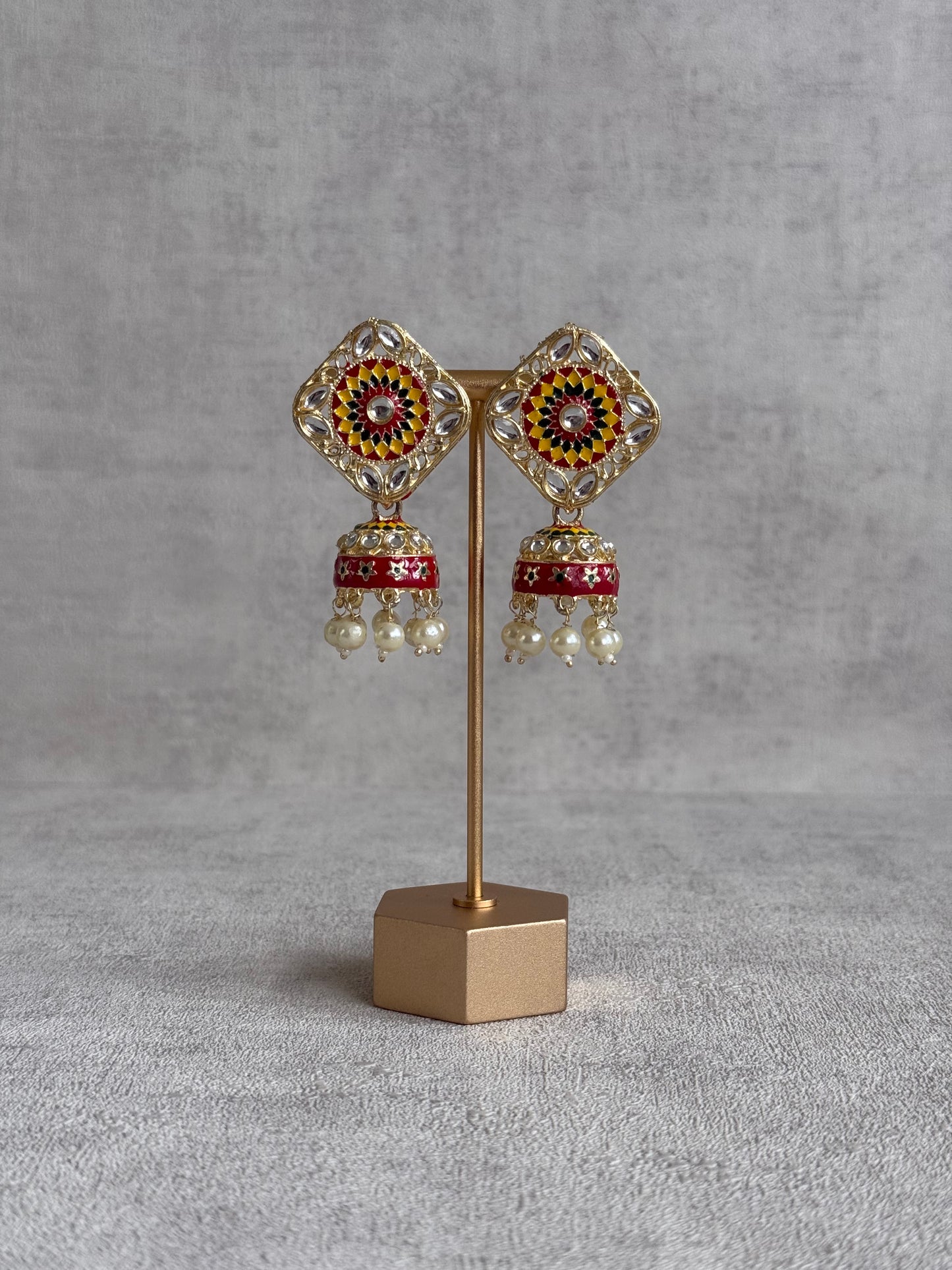 Ayura Designs Rangoli Jhumkis – Marigold Yellow, Deep Red & Forest Green Meenakari with Pearl Drops in Antique Gold Finish