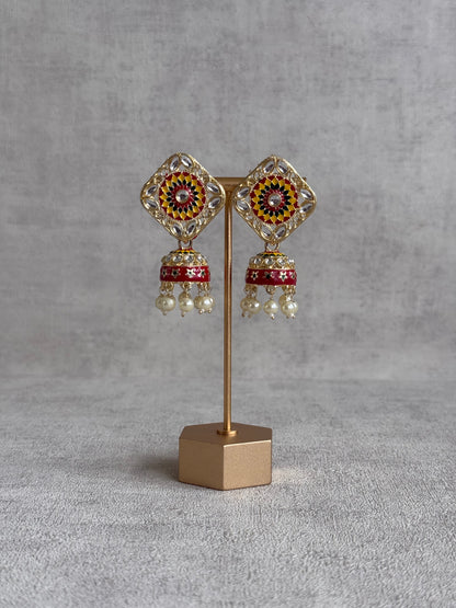 Ayura Designs Rangoli Jhumkis – Marigold Yellow, Deep Red & Forest Green Meenakari with Pearl Drops in Antique Gold Finish
