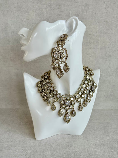 Ayura Designs Kiyah Bridal Set with Necklace, Earrings & Tikka – Moissanite Stones with Antique Gold Finish