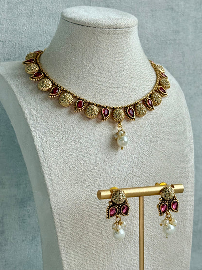 Ayura Designs Mayura Necklace Set with Earrings – Antique Gold Meenakari Motifs with Pearl Drop & Rani Pink Stones