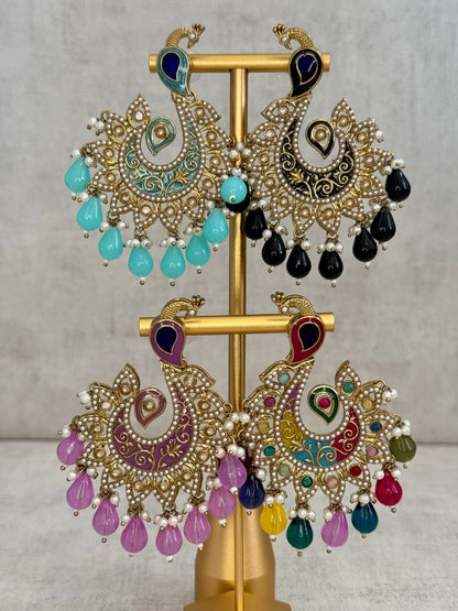 Ayura Designs Moorni Earrings – Peacock-Inspired Chandbalis with Multicoloured Meenakari, Kundan, and Pearl Accents