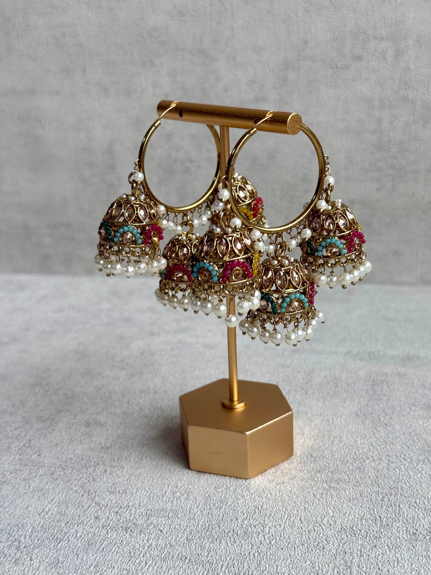 Ayura Designs Nakhra Balis – Multicolour Triple Dome Earrings with Mirror-Cut Stones & Pearl Detailing