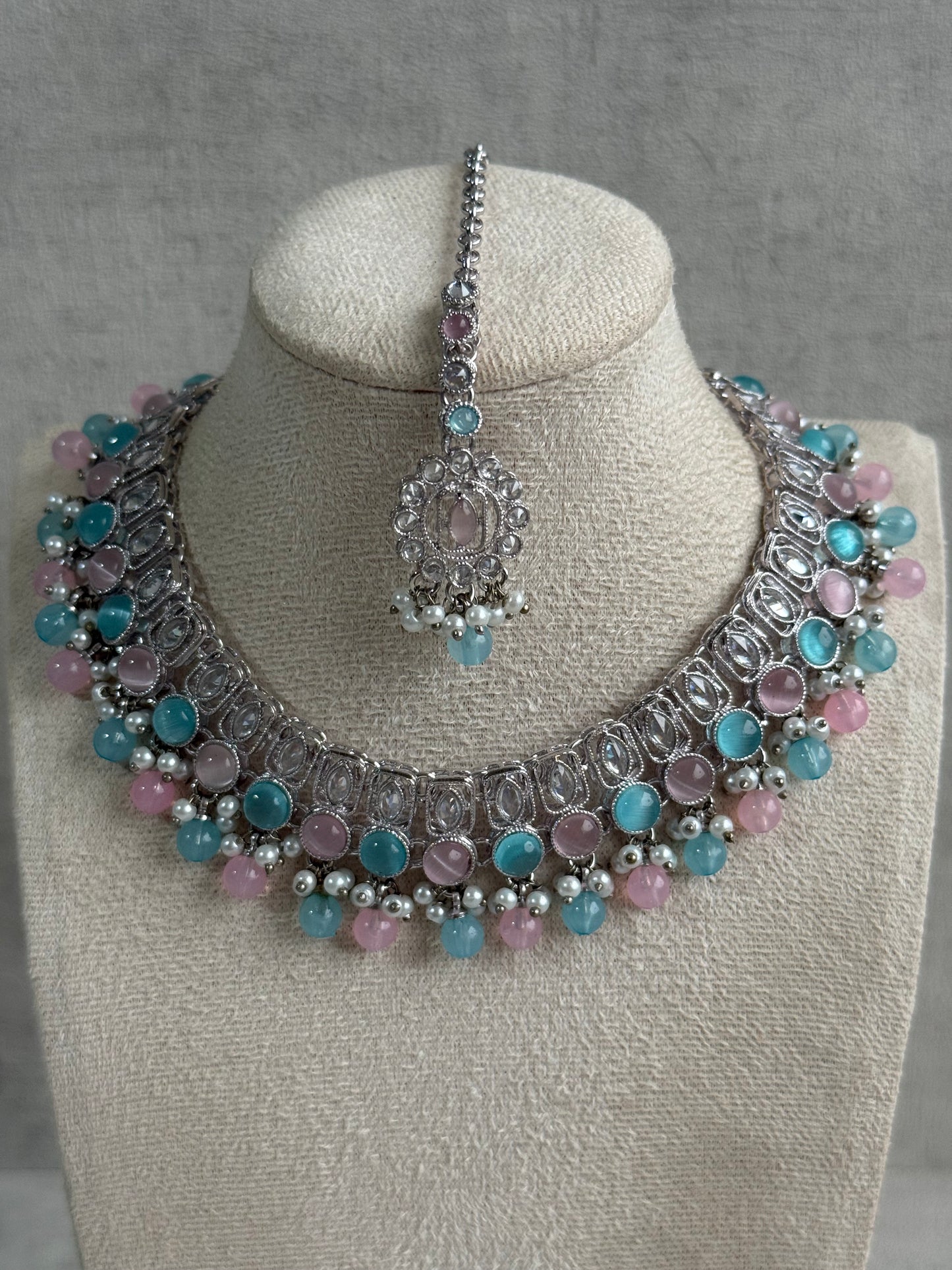 Ayura Designs Rayal Set – Silver Necklace, Jhumkis & Tikka with Aqua Blue, Blush Pink & Pearl Detailing